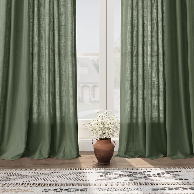 Nanspring Olive Green Linen Curtains for Living Room 2 Panels Set 105 Inch Length Back Tab Light Filtering Semi Sheer Curtain Drapes for Bedroom 52x105