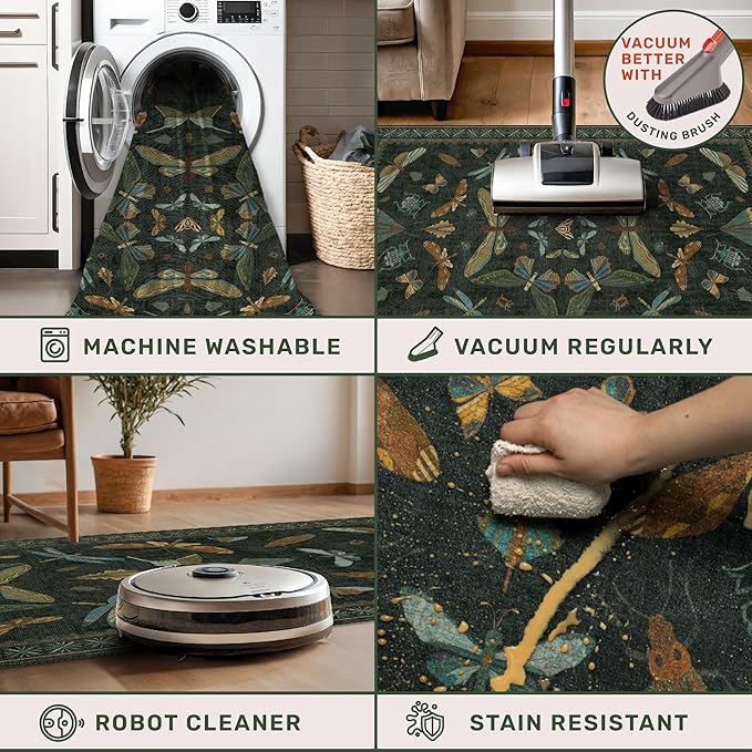 Hazo Haus Washable Insect 2x6 Runner Rug for Hallway- Stain Resistant Kitchen Runners, Floral Whimsical Indoor Floor Mat for Bathroom, Soft Non Slip with Rubber Backed, Dark Green