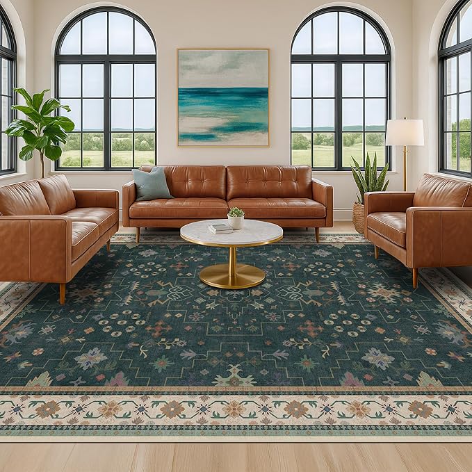 Hazo Haus Dark Green Oushak Living Room Rug 10x14 - Modern Vintage Boho Eclectic Floral Pastel, Washable Low Pile Non-Slip Extra Large Area Rugs for Dining Under Table Bedroom Lounge