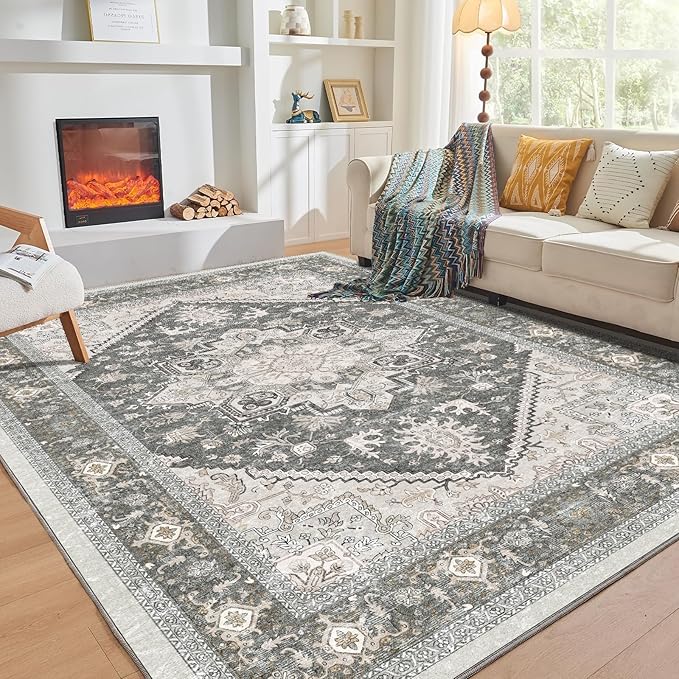 OPPODREAM Soft 8x10 Area Rugs, Washable Rugs 8x10 with Non Slip Backing, Faux Cashmere Low-Pile 8 x 10 Carpet, Greenish Grey