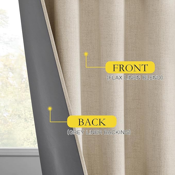 NICETOWN Cream 100% Blackout Linen Curtains 102 inch Long Burg for Living Room, 1 Pair, 62" Width Each Panel, Farmhouse Thick Completely Blackout Window Treatment Thermal Insulated Drapes