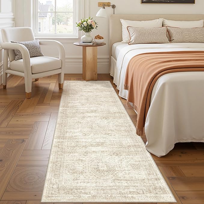 2x7 Runner Rug Non Slip, Thin Entryway Washable Rug for Entryway, Runners for Hallways, Low Pile Vintage Abstract Soft Rugs for Living Room, Kitchen, Bedroom(2'x7', Beige/Ivory)