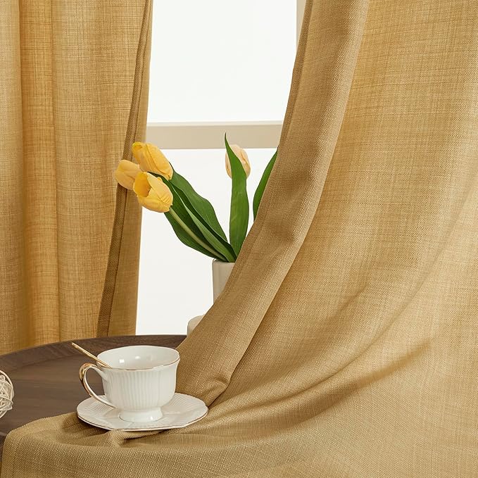 LAMIT Linen Curtains 95 Inch for Living Room, Grommet Thick Linen Textured Sheer Curtains Light Filtering Privacy Neutral Drapes for Bedroom, Set of 2 Panels, 52 x 95 Inch, Caramel Brown