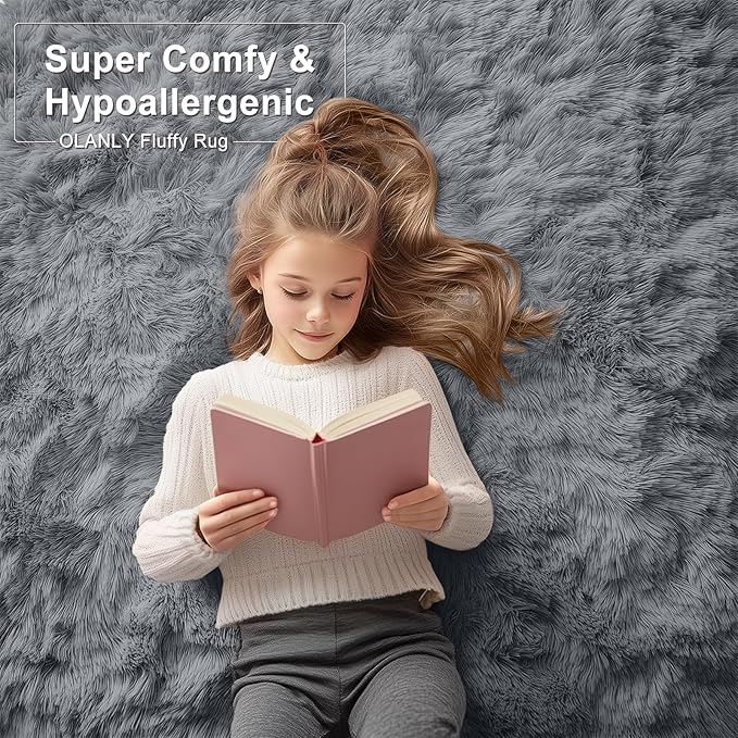 OLANLY 4x11 Area Rugs for Living Room Bedroom, Machine Washable Soft Fluffy Shaggy Bedside Rug, Indoor Floor Carpet for Kids Girls and Boys, Dorms, Nursery Rooms, Home Decor Aesthetic, Grey