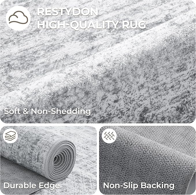 2x5 Rug Runner Washable for Entryway, Soft Bathroom Rugs with Non-Slip Backing, Abstract Low Pile Hallway Runner, Vintage Small Kitchen Carpet for Stair, Laundry Room(2'x5', Grey/Ivory)