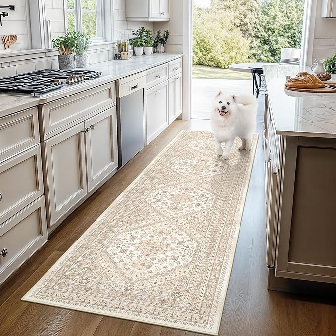 3x5 Washable Area Rug for Entryway, Kitchen Rugs Non Slip for Dining Room, Vintage Floral Soft Living Room Rug, Thin Area Rug Indoor for Bedroom, Kids Room Decor(Cream/Beige,3'x5')