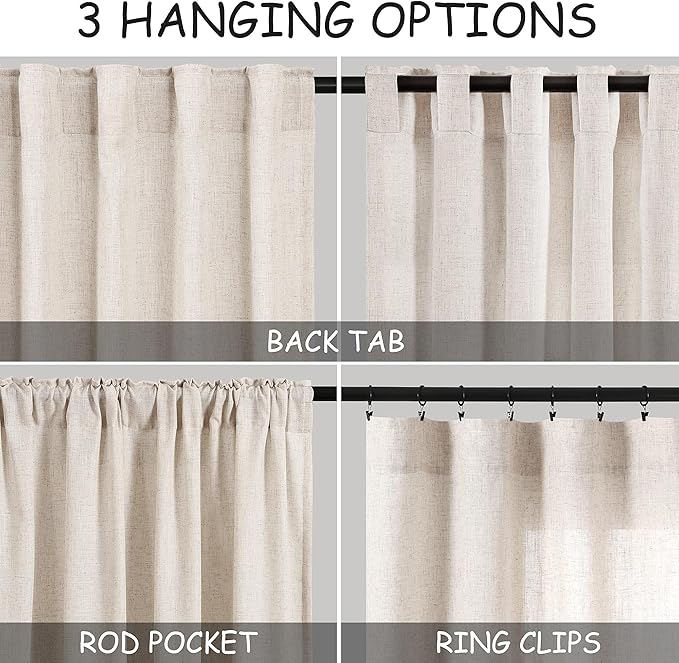 Nanspring Beige Linen Blend Light Filtering Curtains 86 Inches Long 2 Panel Set Pocket Back Tab Tan Beige Privacy Semi Sheer Decorative Decor Curtain Drapes for Bedroom Living Room 52x86