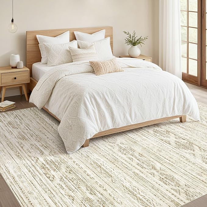 Nakagishi 7X9 Area Rug Living Room: Washable Boho Large Neutral Modern Soft Farmhouse Beige Rugs Stain Resistant Indoor Floor Non-Slip Carpet for Women Home Enthusiasts Aged 25-45 - Bedroom Room Decor