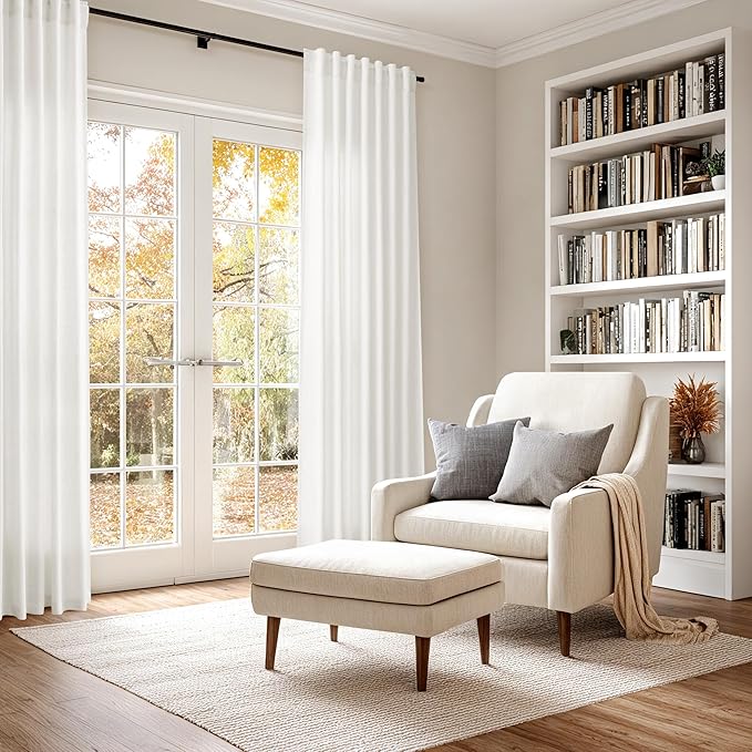 Nanspring Beige White Curtains Linen for Living Room 90 Inches Long Back Tab and Rod Pocket Semi Sheer Privacy Curtains Coastal Room Decor Curtain for Bedroom Dinner Room 70x90, 2 Panel