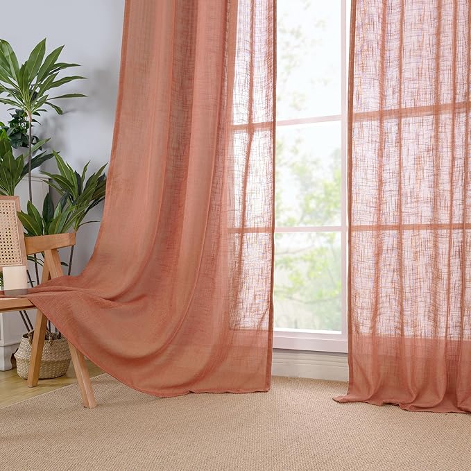 LAMIT Short Window Linen Curtains 36 Inch Length 2 Panels, Terracotta Light Filtering Panels Back Tab and Rod Pocket Neutral Drapes for Bathroom/Loft Room, 34 x 36 Inch