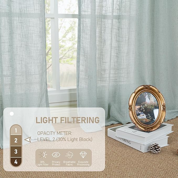 LAMIT Semi Sheer Linen Curtains 36 Inch Length 2 Panels, Light Filtering Panels Back Tab and Rod Pocket Neutral Drapes for Bathroom/Kitchen/Loft Room, Greyish Blue, 25 x 36 Inch