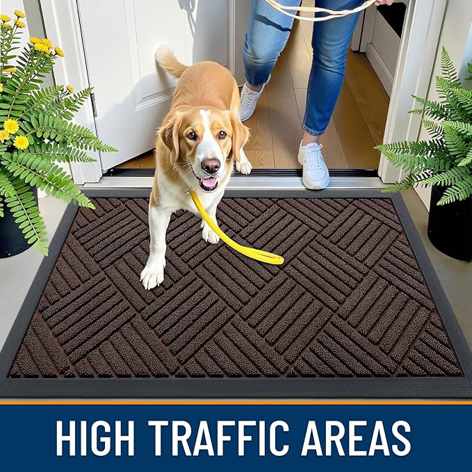 OLANLY Front Door Mat Outside Entrance 29.5x17, Absorbent, Heavy Duty Sturdy Natural Rubber Doormat Indoor Outdoor, Stain and Fade Resistant, Non-Slip Low Profile Floor Mat for Entryway, Brown Diamond
