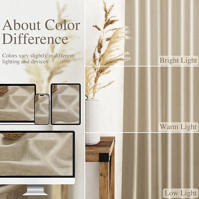 Eggshell Beige Linen Curtains for Living Room 126 Inches Long Light Filtering Semi Sheer Curtain Back Tab Rustic Farmhouse Decor Drapes Floor to Ceiling High Window for Bedroom 52x126, 2 Panels