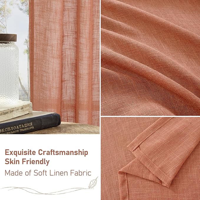 LAMIT Terracotta Linen Semi Sheer Curtains 45 Inch for Bedroom, Light Filtering Neutral Window Curtains Farmhouse Boho Back Tab and Rod Pocket Fall Decor Panels, 2 Panels, 52 x 45 Inch