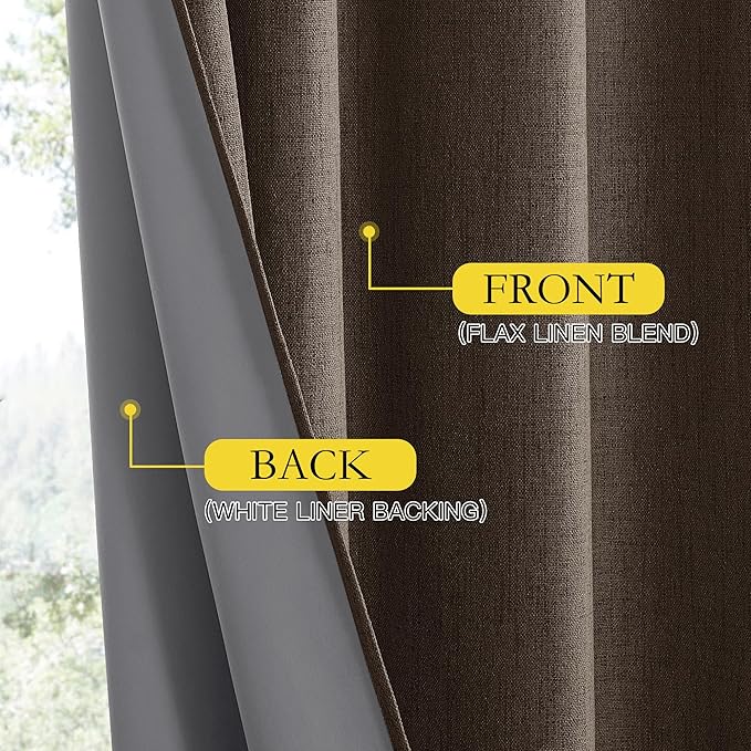 NICETOWN Coffee Vintage Linen 100% Blackout Curtains for Living Room, Thermal Insulated Curtains 48" Long, Noise Reducing Window Treatment Drapes for Hall Room, 52" Wide Per Panel, Set of 2
