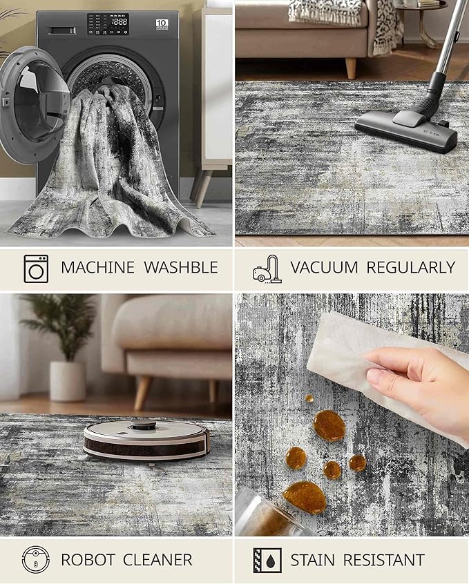 Latte&Fog 3x5 Entryway Rug, Vintage Washable Area Rug, Boho Non Slip Low Pile Throw Carpet for Indoor Bedroom Bedside, Kitchen, Entry and Living Room - Black Gold