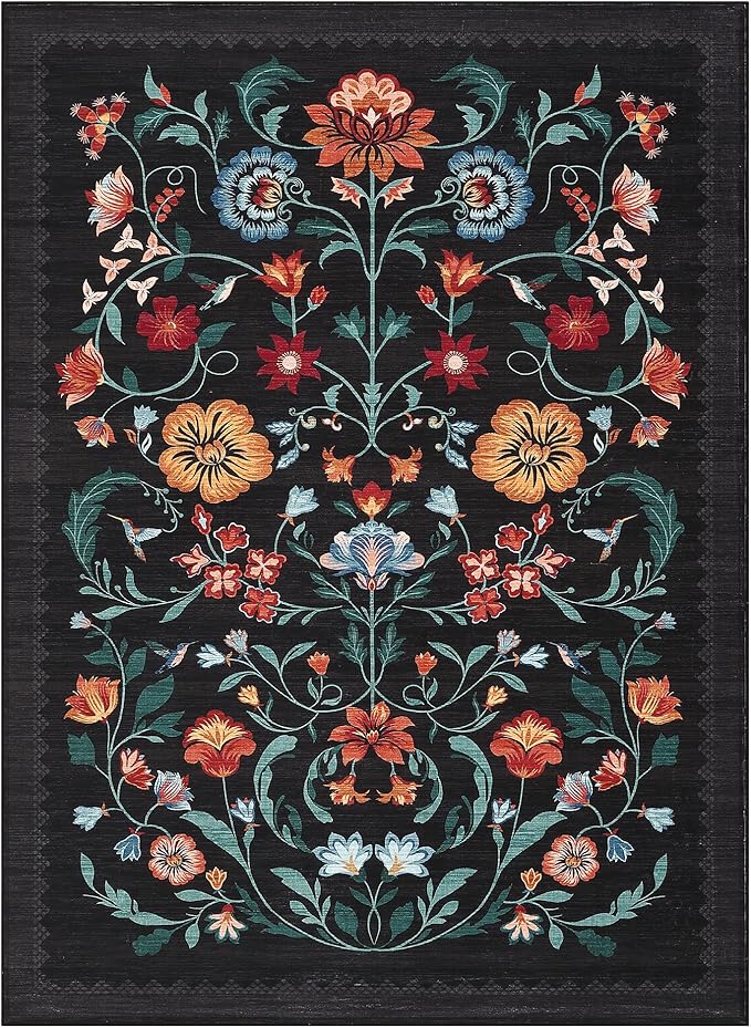 GarveeHome Washable Rug 8x10 Area Rugs for Living Room, Floral Rug for Bedroom, Soft Vintage Non Slip Throw Rugs with Rubber Back, Low Pile Stain Resistant Boho Floral Carpet for Dining Room, Black