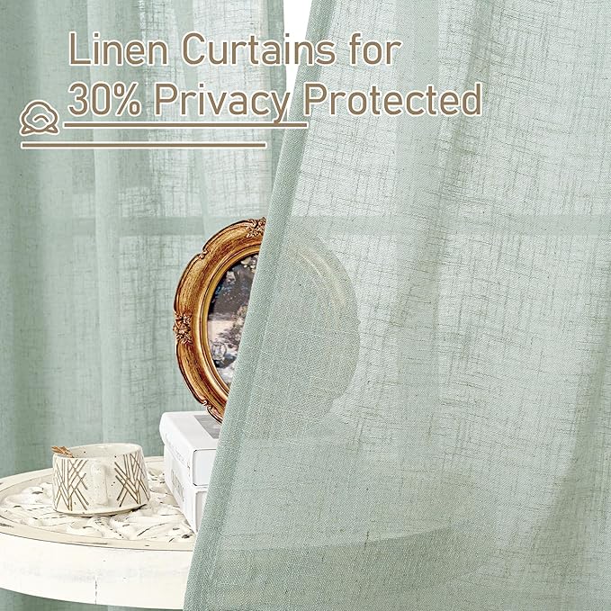 LAMIT Light Sage Linen Curtains 45 Inches Long for Bedroom, Light Filtering Panels Back Tab and Rod Pocket Neutral Drapes for Kitchen/Window/Loft Room, 52 x 45 Inch, 2 Panels