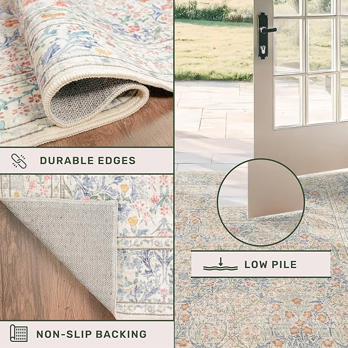 Hazo Haus Beige Blue Washable 2'6"x10' Wide Hallway Runners, Kitchen Runner Rug, Non-Slip & Stain Resistant 10ft Long Floor Rug, Retro Lilic Boho Floral Décor