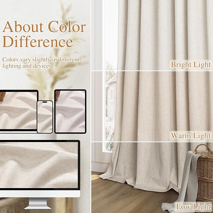 Guken 100% Blackout Linen Curtains 126 Inch Length 2 Panels Set for Living Room Bedroom Back Tab Thermal Insulated Black Out Drapes Room Darkening Farmhouse Style for Bedroom Window Curtains 52x126