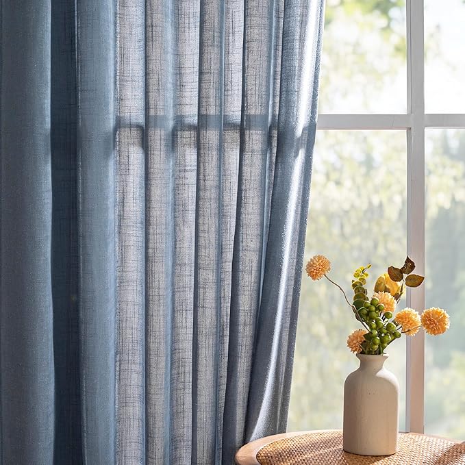 MYSKY HOME Living Room Curtains 90 Inches Long Farmhouse Light Filtering Privacy Curtain Drapes for Patio Door, Linen Look Texture Fabric Bohemian Draperies Soft Touch, 100" Wide, Dusty Blue, 1 Pieces