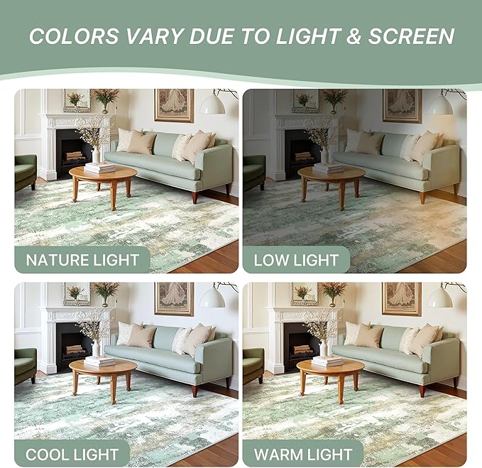 Area Rugs 6x9 for Living Room Bedroom, Modern Abstract Machine Washable Rug, Large Soft Low Pile Floor Carpet with Non Slip Backing for Dining Room, Light Green