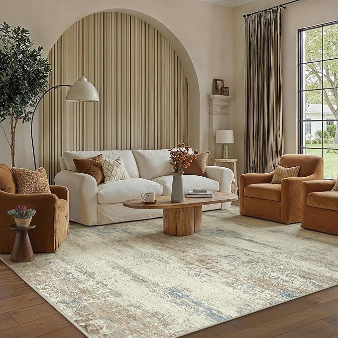PureCozy 5x7 Area Rug Washable Beige Brown Abstract Living Room Carpet Non Slip Modern Neutral Soft Low Pile Contemporary Aesthetic Bedroom Indoor Rug for Office Laundry Dining Room Kitchen