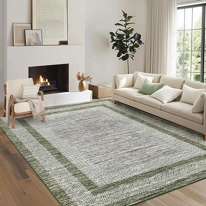 GarveeHome 9x12 Large Modern Green Area Rug Distressed Bordered Rug Soft Non Shedding Floor Carpet, Geometric Rug, Washable Non Slip Rug, Low Pile Indoor Area Rug for Living Room, Bedroom