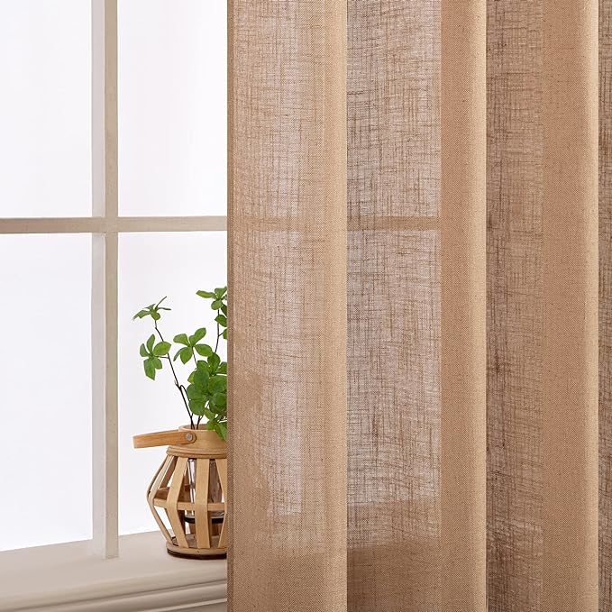 MIULEE Brown Linen Curtains 84 Inch Length for Bedroom Living Room, Soft Thick Linen Textured Window Drapes Semi Sheer Light Filtering Back Tab Rod Pocket Burlap Look Farmhouse Decor, 2 Panels