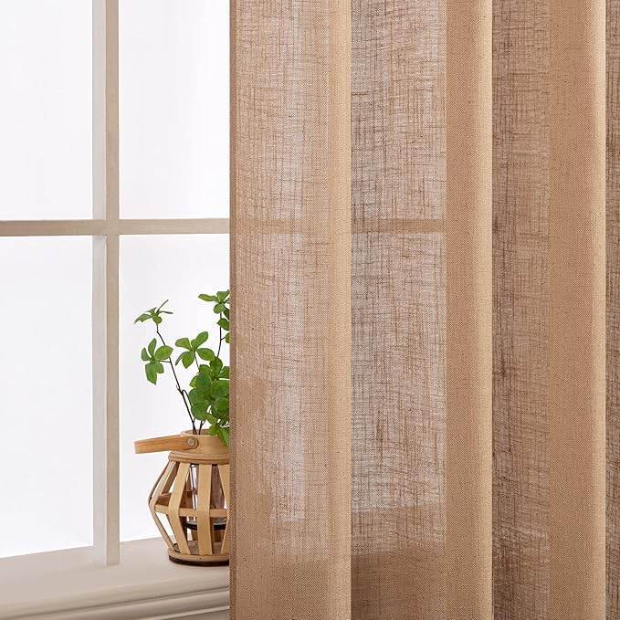 MIULEE Light Brown Linen Curtains 54 Inch Length 2 Panels for Bedroom Living Room, Soft Thick Linen Textured Natural Short Window Drapes Semi Sheer Light Filtering Back Tab Burlap Look Decor