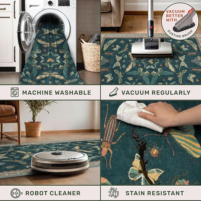 Hazo Haus Insect Teal Green 5x7 Area Rug for Living Room - Cottage Core Rug for Bedroom, Dining Room, Kids Playroom, Home Office, Floral Vintage Whimsical Butterfly Washable Non Slip Floor Décor