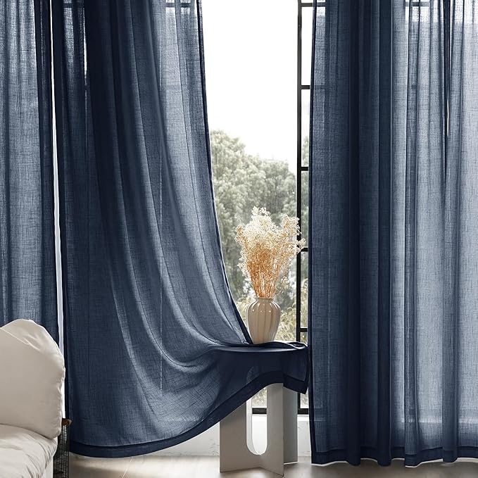 Navy Blue Curtains 72 inch Length for Bedroom Back Tab Light Filtering Semi Sheer Blue Living Room Curtains Linen Cotton Textured Indigo Blue Drapery Panel Modern Farmhouse Aesthetic Decor Dark Blue