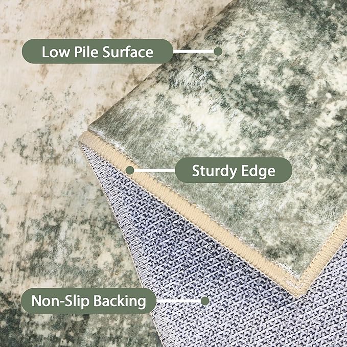 BEIMO Runner Rug for Hallway Kitchen, 2'x6' Machine Washable Runners Rug for Entryway, Soft Modern Abstract Throw Rugs, Low Pile Floor Cover with Non Slip Backing, Grey/Dark Green
