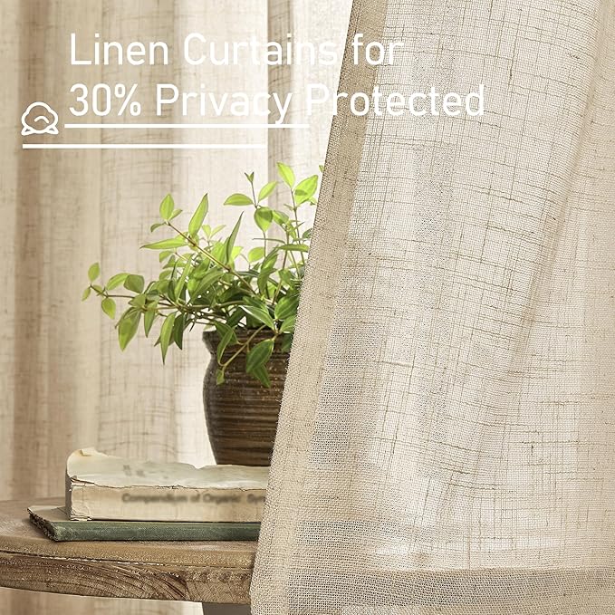 LAMIT Brown Linen Curtains 84 inch Length 2 Panels, Light Filtering Semi Sheer Panels Back Tab and Rod Pocket Boho Neutral Drapes for Bedroom/Living Room, 34 x 84 Inch