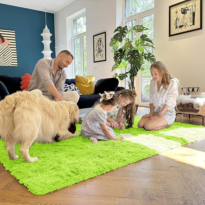 OLANLY 9x12 Machine Washable Large Area Rugs for Living Room, Bedroom, Soft Fluffy Shaggy Bedside Rug, Indoor Floor Carpet for Kids Girls and Boys, Dorms, Nursery, Home Decor Aesthetic, Lime Green