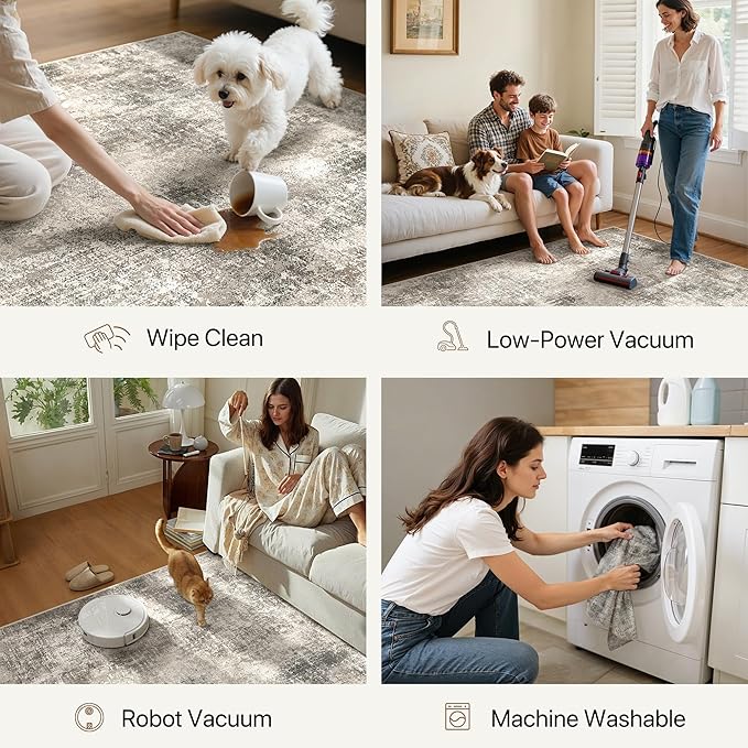 Area Rugs 9x12 for Living Room Bedroom, Modern Abstract Machine Washable Rug, Large Soft Low Pile Floor Carpet with Non Slip Backing for Dining Room, Grey