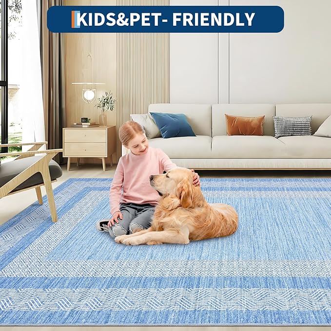 GarveeHome 2.5x8 Modern Bordered Runner Rug Soft Non Slip Washable Floor Carpet Distressed Geometric Hallway Indoor Printed Rug for Kitchen Entrance, Light Blue