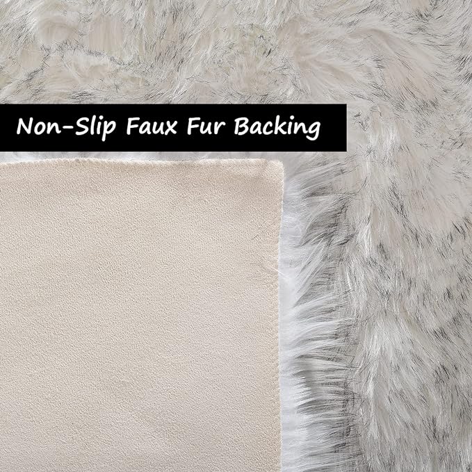Goolela Faux Sheepskin Rug 2x6 Fluffy Fuzzy Furry Runner for Bedroom Bedside Plush - White with Grey Tips - Sheepskin