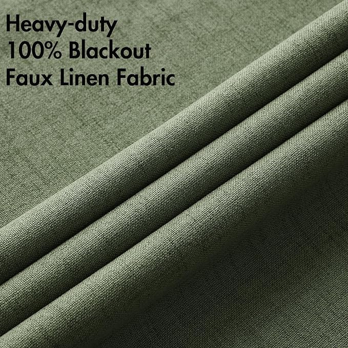 MIULEE 100% Blackout Linen Textured Curtains for Bedroom Solid Thermal Insulated Olive Green Grommet Room Darkening Curtains & Drapes Luxury Decor for Living Room Nursery 52 x 63 Inch (2 Panels)