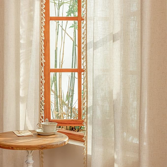 MYSKY HOME Linen Sheer Curtains 63 Inch Length for Small Windows,Light Filtering Privacy Protect Drapes Set with Macrame, Back Tab Boho Style Farmhouse Home Decor, 50" x 63", 2 Panels