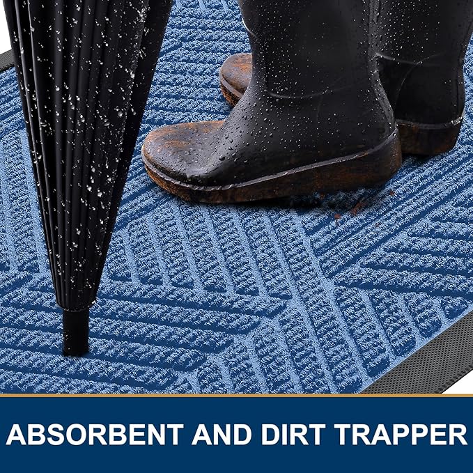 Smiry Front Door Mat Outside Entrance, Heavy Duty Sturdy Natural Rubber Doormat, Trap Dirt and Moisture, Easy Clean Low Profile Mats for Indoor Outdoor Entry, Irregular Triangle (29.5x17, Blue)