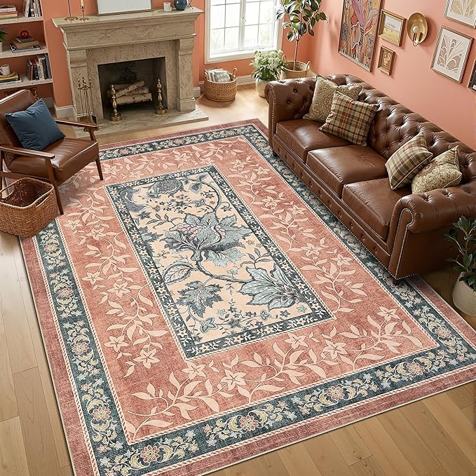 GarveeHome Terracotta Teal 2x6 Washable Kitchen Runner Rugs Non Slip Provence Botanical Grove Vintage Boho Cottage Long Rug for Hallways Bedroom TPE Rubber Backing