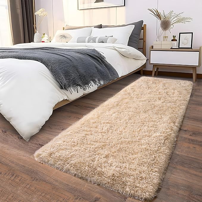 Soft Runner Rugs for Bedroom Hallways, 2x6 Beige Fluffy Shag Throw Area Rug Non Slip for Bedside Dorm, Long Shaggy Furry Carpet for Nursery Living Room