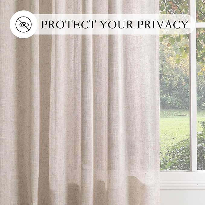 MYSKY HOME Natural Linen Curtains for Bedroom Living Room, Semi Sheer Curtains & Drapes 84 inches Length Farmhouse Country Style Back Tab Draperies for Sliding Glass Door, 100" Wide, 1 Panel