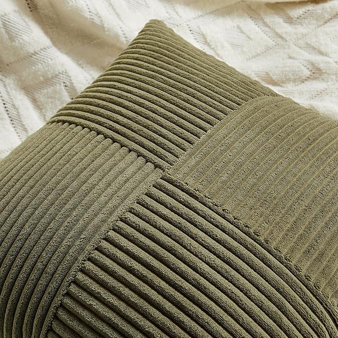 Fancy Homi 2 Packs Olive Green Lumbar Decorative Throw Pillow Covers 20x28 Inch for Living Room Couch Bed, Farmhouse Boho Home Decor, Soft Striped Corduroy Rectangle Accent Cushion Case 50x70 cm