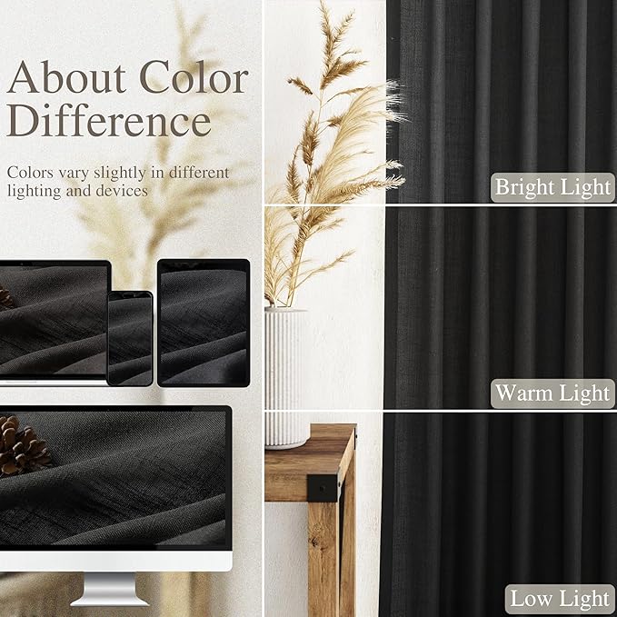 Black Sheer Linen Curtains 70 Inch Length for Living Room Lightweight Door Drapes 2 Panels Set with Back Tab Rod Pocket for Kitchen Kids Bedroom Light Filtering Protect Privacy Window Curtain W52xL70