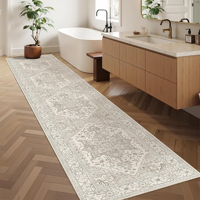 Madane Runner Rugs for Hallway 2x10 Long Washable Non-Slip Hallway Runner Rug Low-Pile Stair Kitchen Runner Soft Throw Carpet for Entrance Living Dining Laundry Room (Beige/Brown, 2 x 10)