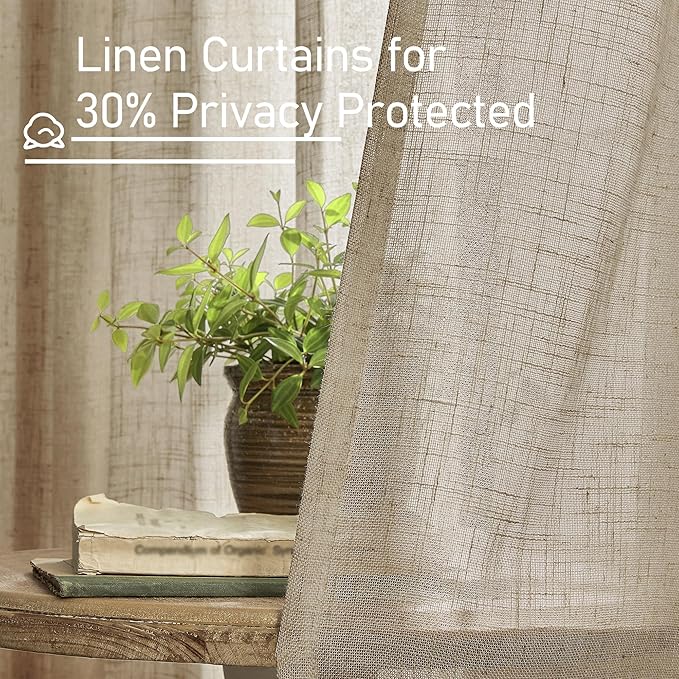LAMIT Taupe Linen Curtains 30 Inch Length, Semi Sheer Light Filtering Window Panels Back Tab and Rod Pocket Drapes for Kitchen/Basement/Small Windows, 25 x 30 Inch, 2 Panels
