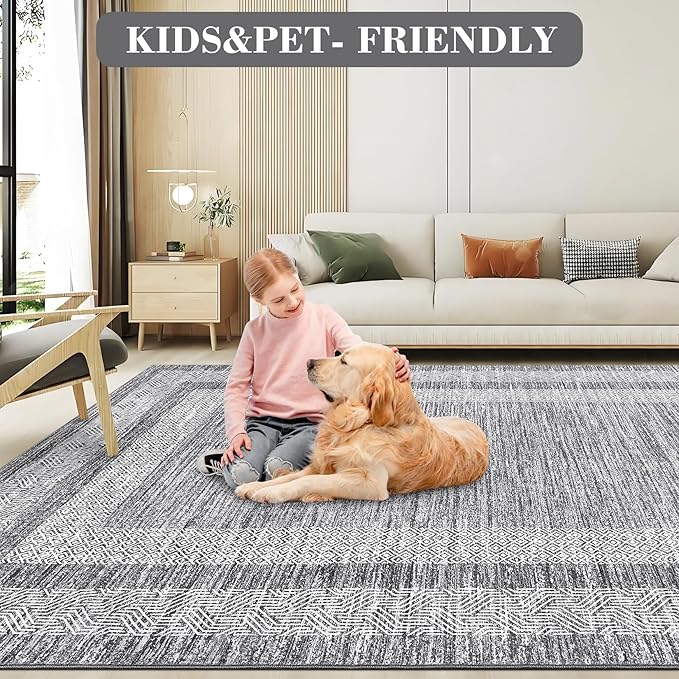 GarveeHome Modern Geometric Area Rug 5x7 Distressed Bordered Rug Washable Non Slip Floor Carpet Non Shedding Thin Rug, Soft Low Pile Rug, Contemporary Gray Rug for Dining Room, Living Room