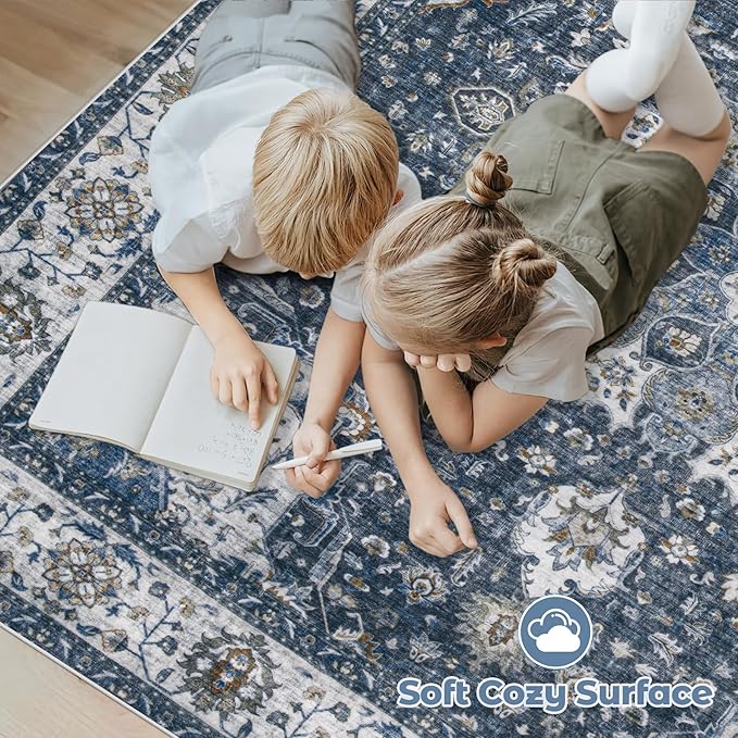 Area Rug 6x9 Washable Rug, Vintage Boho Medallion Rugs Non-Slip Soft Low Pile Large Distressed Rug Indoor Retro Carpet for Living Room Bedroom Dining Room Home Office (Vintage Blue, 6'x9')